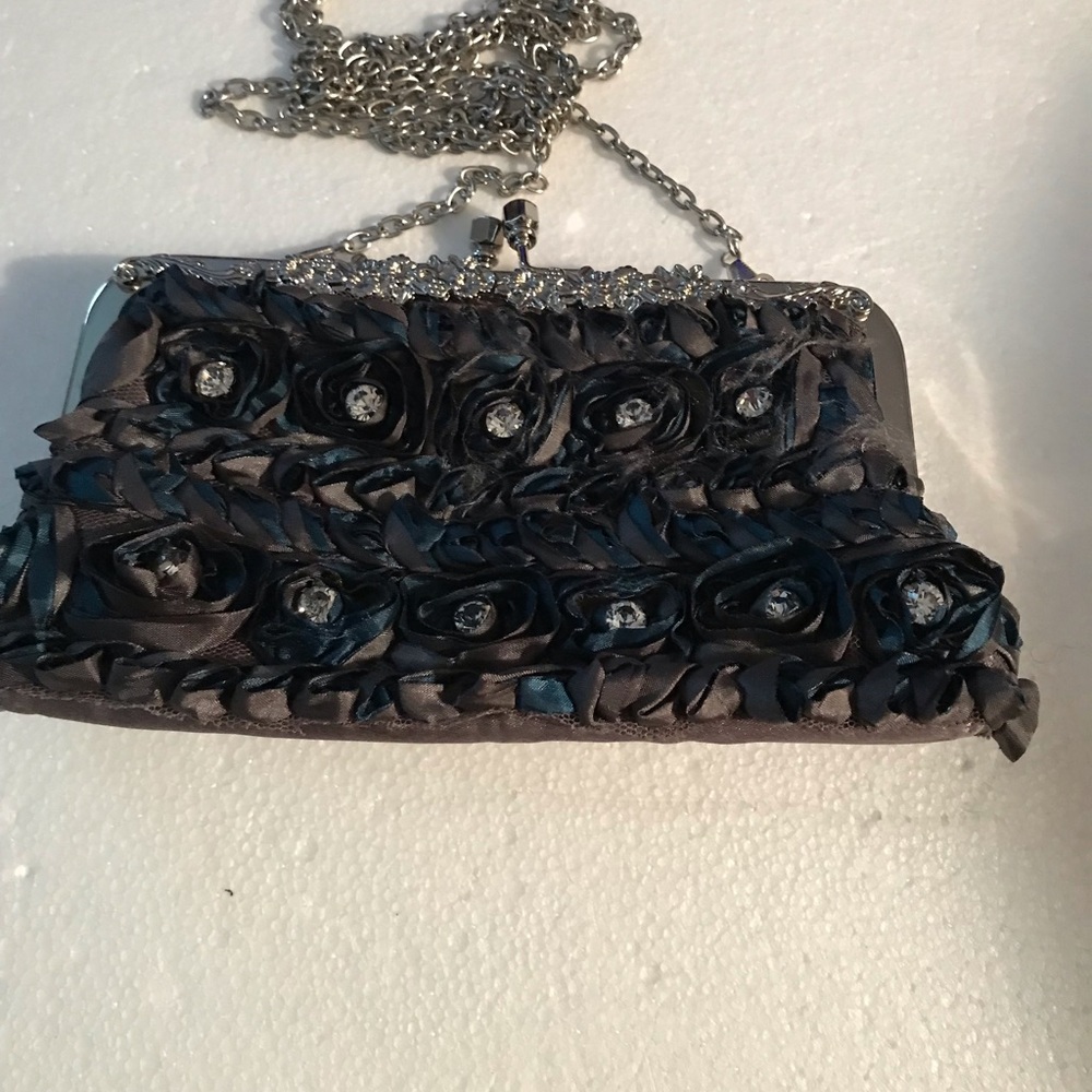 Gray and Blue Satin evening purse with rosettes